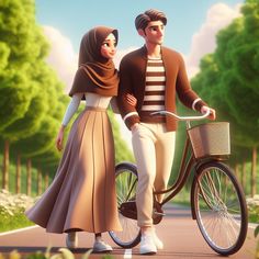 a man and woman are riding on a bike in the middle of an animated scene