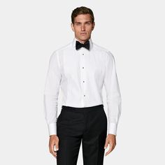 A beautifully textured & perfectly tailored black-tie essential, this white tailored fit tuxedo shirt boasts classic features like a double cuff, widespread collar, and pleated bib. Formal Fitted Tuxedo Shirt, Fitted Tuxedo Shirt For Formal Occasions, Formal Tuxedo Dress Shirt With Long Sleeves, Formal Tuxedo Shirt, Classic Fitted Shirt For Black Tie Event, Luxury Fitted Dress Shirt For Wedding, Classic Slim Fit Tuxedo For Semi-formal Occasions, Classic Long Sleeve Tuxedo For Formal Occasions, Classic Slim Fit Tuxedo