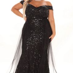 Sequin Black Dress! Sleeveless, Off Shoulder, Padded Bust, Sweetheart Neckline, Tulle Skirt Overlay, Hidden Back Zipper, Lined, Stretch! Size 1x Maxi Dress Sleeveless, Evening Dresses Plus Size, Sequin Maxi Dress, Sequin Maxi, Free Dresses, Black Sequin Dress, Black Gown, Curve Dresses, Shop Maxi Dresses