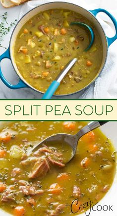 split pea soup with carrots, potatoes and meat in a blue pot on a white table