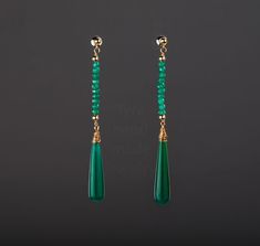 Two tier stone earring,long emerald bead string dangle earring,Nature green chalcedony earring,May birthday gift,anniversary gift,Valentine A pair of two tier natural stone beads / long rod 1. Stone : emerald and green chalcedony (natural gemstones) 2. Stone shape and size: top: a string of emerald bead about 3 mm wide and 37 mm in length, with gold ball stoppers bottom: long green chalcedony rod/club 34 x 7 mm with wire-wrapped cap 3. earring total length ~80 mm 5. wire and earring post: gold p Chalcedony Drop Earrings As Gift, Drop Chalcedony Earrings As A Gift, Elegant Green Onyx Drop Earrings, Elegant Jewelry With Natural Stones And Chrysoprase, Elegant Chrysoprase Jewelry With Natural Stones, Elegant Handmade Green Linear Earrings, Elegant May Birthstone Long Drop Jewelry, Elegant Long Drop May Birthstone Jewelry, Green Gemstone Bead Drop Earrings