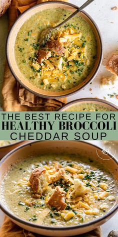 the best recipe for healthy broccoli cheddar soup is in two bowls