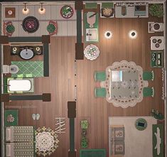 an overhead view of a living room, dining room and kitchen area in a house