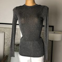 New Never Used Mint Condition Size S Metallic Gray Top Metallic Stretch Elegant Tops, Elegant Metallic Stretch Top, Silver Crew Neck Top For Party, Metallic Silver Fitted Tops For Evening, Fitted Metallic Silver Tops For Evening, Elegant Fitted Shiny Top, Elegant Fitted Silver Top, Silver Shiny Long Sleeve Tops, Elegant Metallic Silver Fitted Top