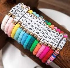 We can personalized your bracelets, we also have glow in the dark letters for an extra fee.  We have $1 to $ 7 bracelets depending in the quantity and the materials you want Trendy White Stretch Bracelet With Letter Print, Heishi Jewelry, Beaded Braclets, Preppy Bracelets, Homemade Bracelets, Fun Bracelet, Word Bracelet, Clay Bracelet, Diy Bracelets Patterns