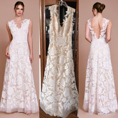 three different views of a woman in a white wedding dress and the back of her gown