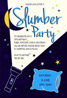 a flyer for a slumber party with an image of a rocket ship and stars