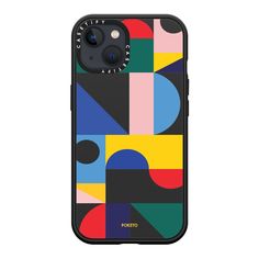 an iphone case with colorful shapes and dots on the front, featuring black rubber bumpers