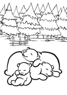 a drawing of two teddy bears sleeping in the grass with trees behind them and a fence