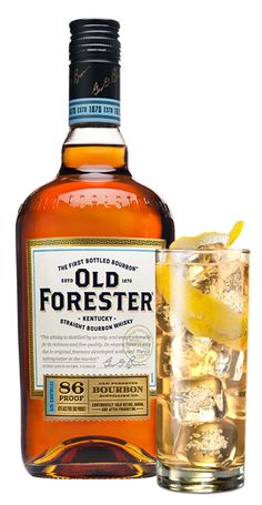 a bottle of old forester with ice and a glass next to it on a white background