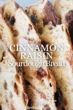 cinnamon raisin sourdough bread on a plate with the words cinnamon raisin sourdough bread