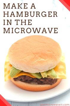 a hamburger with lettuce and cheese on it sitting on a plate that says make a hamburger in the microwave