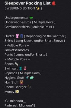 the sleepover packing list is shown in black