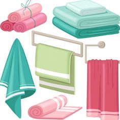 various towels and bath accessories hanging on the wall or door hanger, isolated from white background