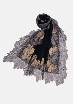 Crafted from a luxurious blend of wool and silk, this black scarf offers cozy warmth and sophistication. The stunning intertwined double-colored floral lace border in antique silver and dark gold creates a captivating visual contrast. Style yourself with this gorgeous accessory that epitomizes opulence whilst adding a touch of refined beauty to any evening out. Black Scarf, Lace Border, Dark Gold, Black Wool, Silk Scarf, Floral Lace, Antique Silver, Timeless Elegance, Unique Designs