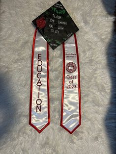 A custom made stole for you to wear at graduation! Your school emblem can be included as well as your major. If you would like something else on it, please send a message. School Emblem, Illinois State University, Graduation Stole, Art Of Beauty, Teacher Teacher, Grad Photos, Education English, Gift List, Something Else