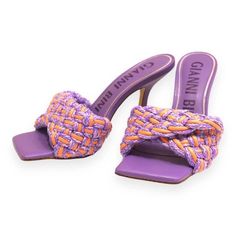 Introducing The Stunning Gianni Bini Bibby Sandals, Perfect For Various Occasions Such As Parties, Casual Outings, And Formal Events. This Slip-On Sandal Features A Beautiful Woven Design And A High Stiletto Heel, Adding An Elegant Touch To Your Outfit. The Sandals Come In A Vibrant Purple Color And Are Made Of High-Quality Leather, Ensuring Comfort And Durability. The Gianni Bini Bibby Sandals Also Boast Memory Foam Features For Additional Comfort, Making Them Ideal For The Spring And Summer Se Slip-on Heels With Heel Strap For Beach, Beach Slip-on Heels With Heel Strap, Purple Open Heel Synthetic Sandals, Purple Pointed Toe Synthetic Sandals, Purple Closed Toe Sandals With Padded Heel, Purple Synthetic Sandals With Wrapped Heel, Purple Sandals With Wrapped Heel In Synthetic Material, Purple Sandals With Wrapped Heel, Casual Purple High Heel Sandals