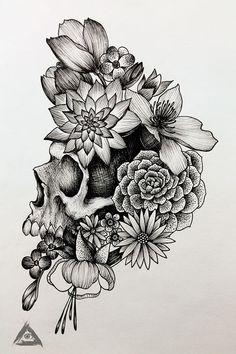 a black and white drawing of a skull with flowers on it's back end