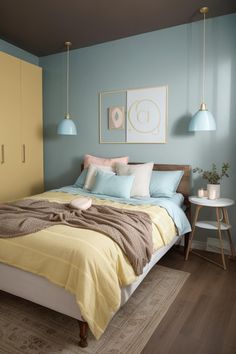 a bedroom with blue walls and yellow bedding