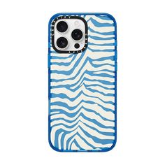 a blue and white zebra print case for an iphone 11 / 12, with two buttons on each side