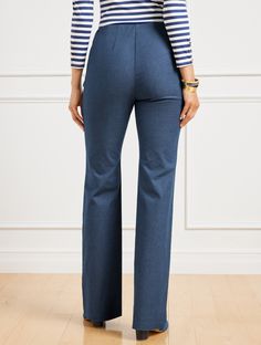 Chic, smooth and flattering. Our NEW Portland Trouser with a subtle flare leg. Just-right stretch fabric looks and feels amazing all day. Also available in plus sizes. Features Trouser Hits At Waist Full Length Side zip closure Imported Fit: Misses: 31 1/2"; Petite: 29" Material: 58% Cotton, 40% Viscose, 2% Spandex Care: Machine Wash Cold, Gentle Cycle, Only Non-Chlorine Bleach When Needed; Tumble Dry Low, Warm Iron With Steam If Needed, Or Dry Clean | Talbots Portland Trouser - Faux Denim Fitted Denim Blue Bottoms For Business Casual, Fitted Denim Bottoms For Business Casual, Chic Fitted Denim Blue Pants, Stretch Denim Blue Pants For Work, Fitted Denim Blue Pants For Business Casual, Elegant Denim Blue Bottoms For Fall, Stretch Full Length Jeans For Business Casual, Chic Fitted Denim Wide Leg Pants, Fitted Full Length Flare Jeans