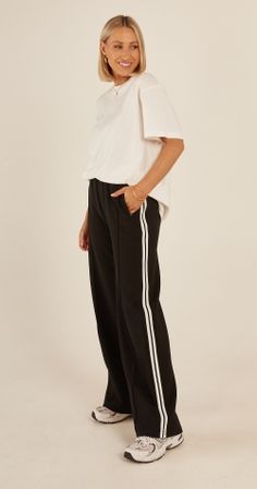 Black And White Track Pants Outfit, Casual Wide-leg Pants With Side Stripes, Sporty Wide-leg Pants With Side Stripes, Fitted Wide-leg Pants With Vertical Stripes, Relaxed Fit Wide-leg Pants With Vertical Stripes, Striped Stretch Wide-leg Pants, Track Pants Outfit, Maxi Tops, Under Dress