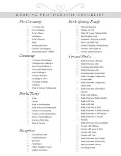 the wedding photography checklist is shown