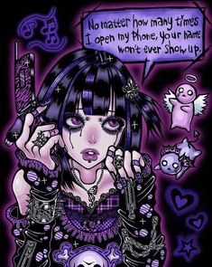 a drawing of a woman holding a cell phone in front of her face, with the caption no matter how many times i open my phone your name won't over show up