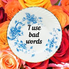 I use bad words, funny sassy cheeky decorative wall plate, vintage plate with a blue floral design and black cursive writing, sassy rebel home style, vintage plate upcycled and repurposed in New Zealand Dandy Lion, Decorative Wall Plates, Bad Words, Fairs And Festivals, Vintage Words, Plate Stand, Wall Plates, Plate Stands, Vintage Plates