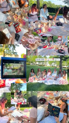 a collage of photos with people sitting on the grass and eating food, reading books