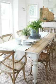 a dining room table with chairs and a potted plant sitting on top of it