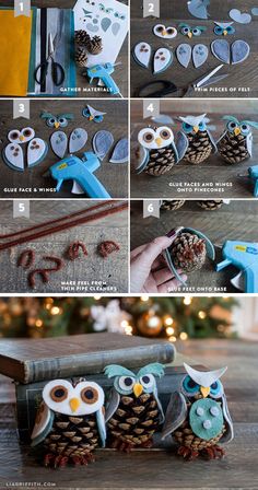 the instructions for making an owl ornament out of pine cones and paper plates