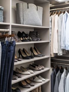 the closet is full of shoes and clothes for all types of women's wardrobes