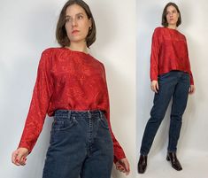 "-->DESCRIPTION<-- Vintage 1980s red, black and yellow softest silk blouse with intricate bandana print. So gorgeous! Tag says \"Linda Allard for Ellen Tracy, 100% silk.\" It's a lovely thick, creamy silk! -->CONDITION<-- Great condition! Seems to have been slightly shortened using double sided fabric tape instead of traditional sewing. Still looks great! -->FABRIC<-- 100% silk. -->SIZE<-- Medium Measurements taken with garment laying flat, please double sizes of bust, waist and hips to fits the Double Sided Fabric, Silk Bandana, Antique Clothing, Ellen Tracy, Fabric Tape, Bandana Print, Black And Yellow, Red Silk, Print Blouse