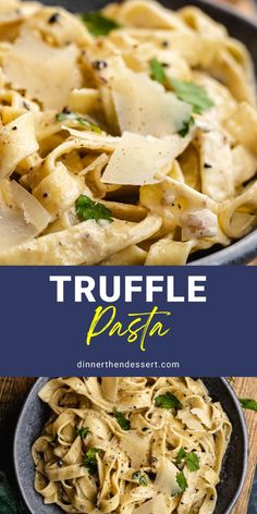 a plate of pasta with parmesan cheese on top and the words truffle pasta above it