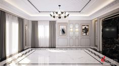 an empty room with marble flooring and chandelier hanging from it's ceiling