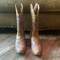 Tan And Purple Inlay, Leather, Cowboy Boots. Absolutely Beautiful Boots. Worn Once. Johnny Ringo, Leather Cowboy Boots, Beautiful Boots, Shoes Heels Boots, Color Purple, Cowboy Boots, Shoes Women Heels, Heeled Boots, Cowboy