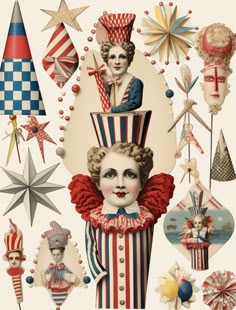 an image of clowns with hats and stars on their heads, all in different colors