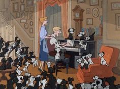 an animated image of a woman playing the piano surrounded by black and white puppies