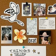 a bulletin board with pictures and magnets on it