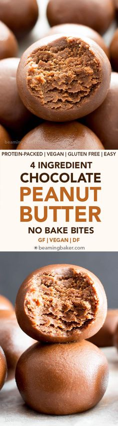 chocolate peanut butter no - bake pies stacked on top of each other with text overlay