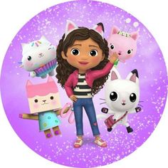 an animated girl with many cats and kittens on her head, standing in front of a purple background