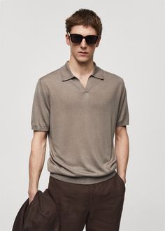 Short-sleeve knitted polo shirt - Man | MANGO USA Casual V-neck Polo Shirt With Ribbed Collar, Casual V-neck Polo Sweater For Summer, Relaxed Fit Knit Polo Shirt, Spring Polo Sweater With Seamless Collar, Relaxed Fit Knit Polo Sweater, Casual Knit Polo Shirt With Johnny Collar, Relaxed Fit Knit Polo Sweater With Polo Collar, Classic Summer Polo Sweater With Seamless Collar, Summer Workwear Polo Sweater With Ribbed Collar