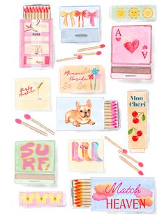 an assortment of matches and matchesticks are arranged on a white background with the words,