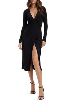 Good American Good Touch Long Sleeve Wrap Midi Dress | Nordstromrack Daytime Dresses, Wrap Midi Dress, Stretchy Dress, Sweaters And Leggings, Good American, Nordstrom Dresses, Jeans Dress, Low Cut, Midi Length