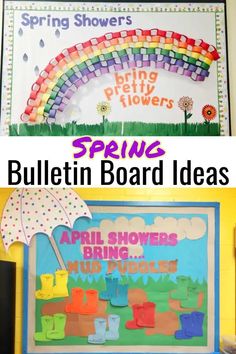 bulletin board with the words spring written on it and an image of a rainbow umbrella