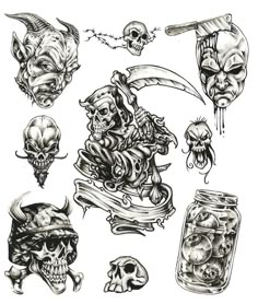 some skulls and other items on a white paper with black pen drawing techniques, ink drawings,