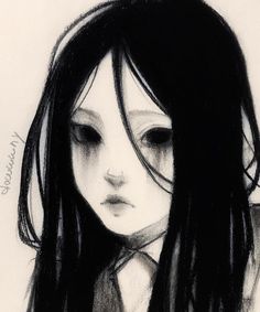 a black and white drawing of a girl with long hair