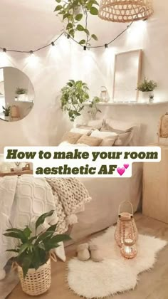 a bedroom with white walls and lots of plants in the corner, along with a wicker basket on the floor