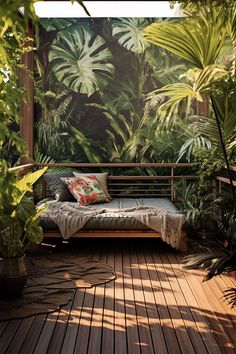 a wooden bench sitting on top of a hard wood floor covered in green plants and foliage